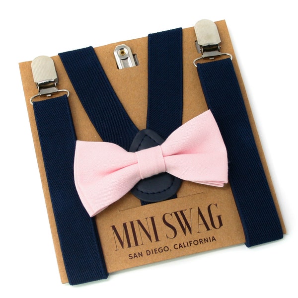 Blush Pink Bow Tie & Navy Blue Suspenders --- PERFECT for Ring Bearer or Page Boy Outfit, Cake Smash, Wedding Boys, Kids, Baby