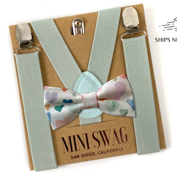 Heart Bow Tie & Dusty Sage Suspenders --- PERFECT for Kids Valentines Day, Gift for Men, Boys, Toddler, Watercolor Pastel Print