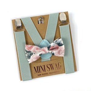 Mauve Floral Floral Bow Tie & Dusty Sage Suspenders --- for Ring Bearer, Groomsmen, Wedding Outfit, Page Boy, Davids Bridal, Birdy Gray