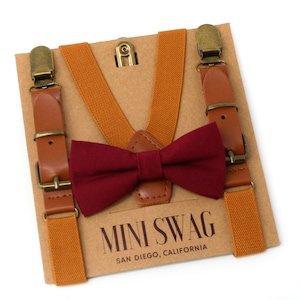 Burgunder Fliege und Leder Hosenträger - Perfekt für Ringträger Outfit, Burgunder Hochzeit Outfit, junge Trauzeugen, Weihnachten, junge Herren
