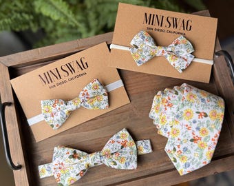 Conjuntos familiares a juego / Corbatas, pajaritas, lazos para el pelo / Flores silvestres amarillas de primavera / Conjuntos a juego para padre e hijo / Regalo para recién nacido