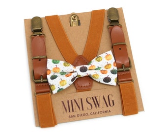 Fall Pumpkin Bow Tie & Camel Leather Suspenders Sets --- PERFECT for Family Pictures, Thanksgiving Outfit, Baby Boy Gift, Pumpkin Patch