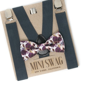 Plum Floral Bow Tie & Dark Gray Suspenders --- PERFECT for Ring Bearer or Page Boy Outfit, Groomsmen, Wedding Gift, Boys Cake Smash