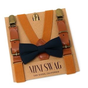 Navy Bow Tie and Leather Suspenders, Ring Bearer Outfit, Toddler Bow Tie Suspenders Set, Boys Suspenders Bow Tie Set, Navy Wedding Outfit