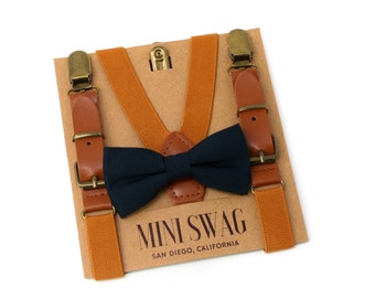 Navy Bow Tie and Leather Suspenders, Ring Bearer Outfit, Toddler Bow Tie Suspenders Set, Boys Suspenders Bow Tie Set, Navy Wedding Outfit