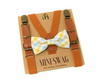 Light Blue and Yellow Plaid Bow Tie & Camel Leather Suspenders --- PERFECT for Cake Smash, Boys 1st Birthday Outfit, Ring Bearer or Page Boy