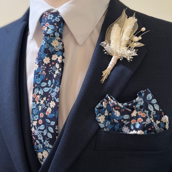Marine and Dusty Blue Floral Necktie, Bow Tie, or Pocket Square --- PERFECT for Groomsmen, Twilight, Slate, Steel Blue, Navy Wedding