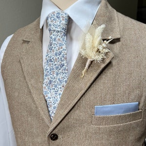 Dusty Blue and Taupe Floral Necktie, Bow Tie, Pocket Square