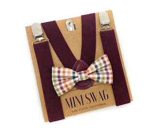 Fall Plaid Bow Tie & Wine Burgundy Suspenders --- PERFECT for Ring Bearer Outfit, Groomsmen, Wedding, Thanksgiving, Baby - Mens Sizes
