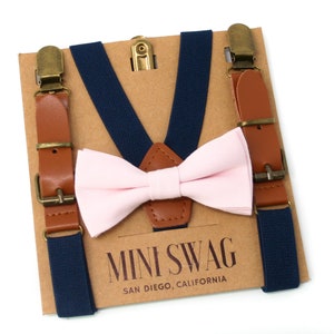 Blush Pink Bow Tie and Navy Leather Suspenders  -- PERFECT for a Ring Bearer or Page Boy Outfit, Blush Wedding, Baby Toddler and Boys Sizes