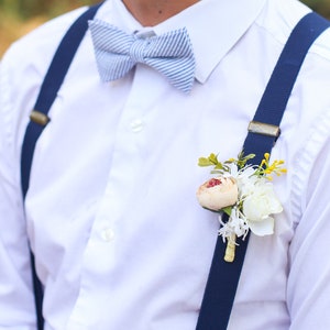 Navy Blue Seersucker Bow Tie & Camel Leather Suspenders --- PERFECT for Groomsmen, Ring Bearer or Page Boy Outfit, Cake Smash, Striped image 2