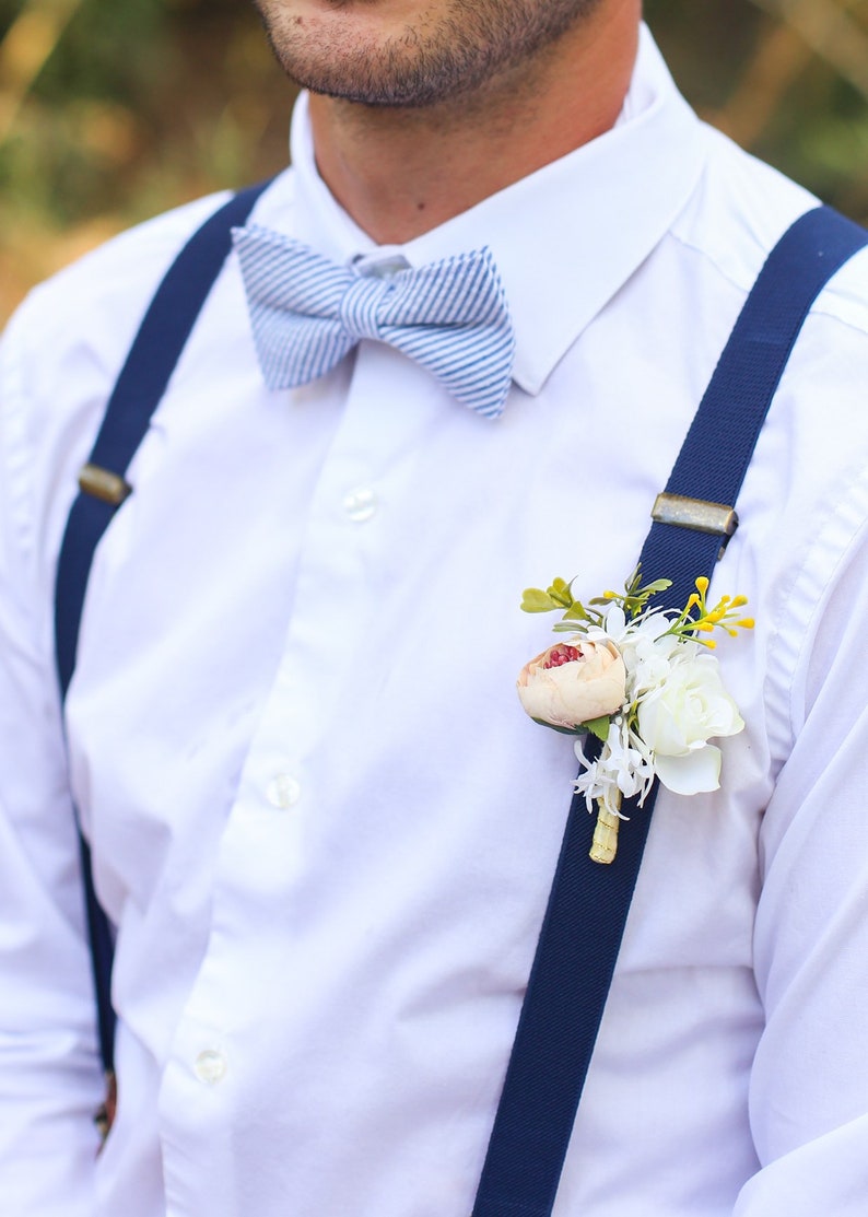 Navy Blue Seersucker Bow Tie & Camel Leather Suspenders --- PERFECT for Groomsmen, Ring Bearer or Page Boy Outfit, Cake Smash, Striped image 2