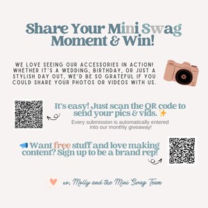 May include: A promotional graphic with text that reads "Share Your Mini Swag Moment & Win!" and "Want free stuff and love making content? Sign up to be a brand rep!" Includes a camera illustration and QR codes.
