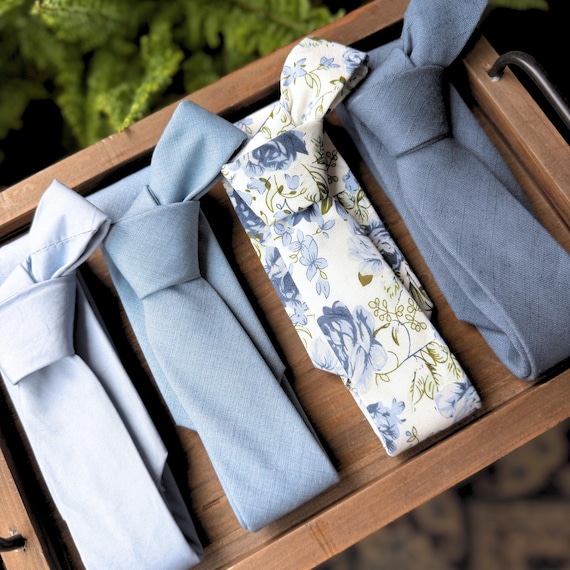 Dusty Blue Floral, Twilight, French Blue | Wedding Neckties, Bow Ties, Pocket Squares