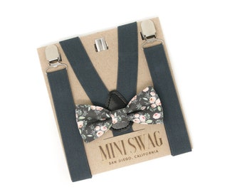 Gray Floral Bow Tie & Dark Gray Suspenders --- PERFECT for Ring Bearer or Page Boy Outfit, Groomsmen, Pink Blush Charcoal Wedding