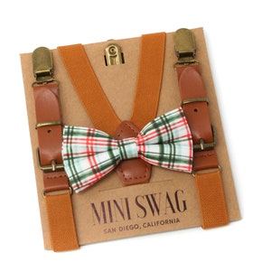 Red and Green Plaid Bow Tie & Leather Suspenders Perfect for Christmas Outfit, Holiday Party, 1st Birthday, Candy Cane, Baby Mens Size image 1