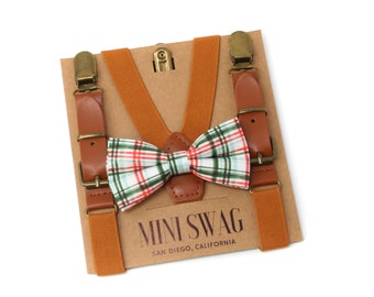 Red and Green Plaid Bow Tie & Leather Suspenders --- Perfect for Christmas Outfit, Holiday Party, 1st Birthday, Candy Cane, Baby - Mens Size