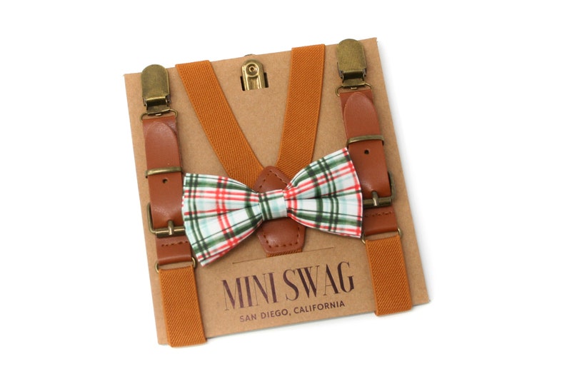 Red and Green Plaid Bow Tie & Leather Suspenders Perfect for Christmas Outfit, Holiday Party, 1st Birthday, Candy Cane, Baby Mens Size image 1