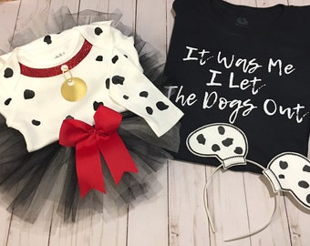 Dalmatian Who Let the Dogs Out Mommy and Me Halloween Costume .. Children's Dalmatian Onesie .. Baby Girl and Big Sister Matching Costume