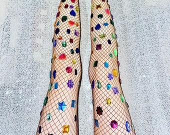 Bejeweled Rhinestone Rainbow Brown Fishnets