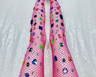 Bejeweled Hot Pink Rhinestone Rainbow Fishnets