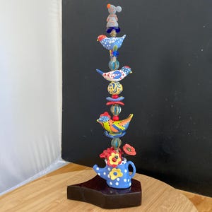 Handmade Ceramic Bird Totem Pole: Glazed Porcelain Garden Sculpture