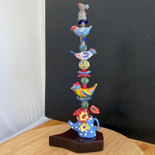 Handmade Ceramic Bird Totem Pole: Glazed Porcelain Garden Sculpture