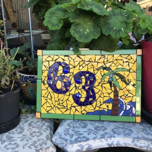 Mosaic House Number Sign: Beach Tropical Ceramic Tile Address Plaque