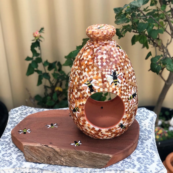 Bird bath, nest and feeder for pets Beehive. Stained  mosaic glass. Candlestick. Jarrah wood stand and ideal for pets. Terracotta base