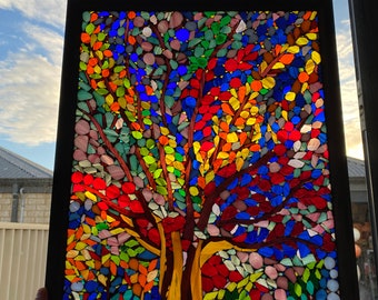 Glass-on-glass picture Tree of Life. Stained glass mosaic .Wall hanging. LED strip. Bluetooth Conrol remote.Internal lighting system.