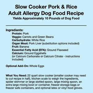 ALLERGY SENSITIVE Slow Cooker Pork & Rice Adult Dog Food Recipe, Homemade Dog Food, Healthy Dog Food, Dog Food Topper Recipe, Fresh Dog Food