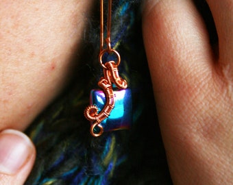 Copper Wire Wrapped Earrings with Square Glass Bead