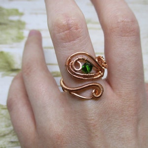 Adjustable Copper Ring with Green Swarovski Crystal Bicone