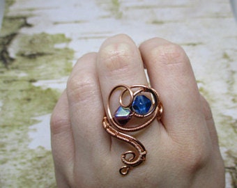 Adjustable Copper Ring with Glass Beads