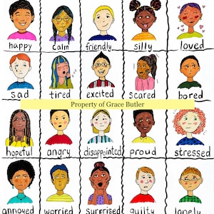May include: A colorful chart with cartoon faces depicting different emotions. The chart is titled "How Are You Feeling Today?" and includes emotions like happy, sad, tired, excited, scared, bored, hopeful, angry, disappointed, proud, stressed, annoyed, worried, surprised, guilty, lonely, confident, frustrated, embarrassed, confused, and anxious.