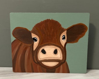 Cow Painted Art, Brown Cow Decor, Cow Wall Art, Wooden Cow Art, Painted Animal Decor, Cow Shelf Decor, Painted Animal Art, Cow Gift