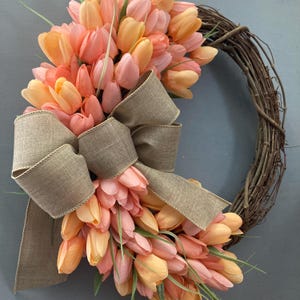 17 inch Spring Tulip Grapevine Wreath, Pink Purple Orange Tulips, Purple Blue, Pink Cream Tulips, Wreath with Tan Bow, Housewarming Gift image 15