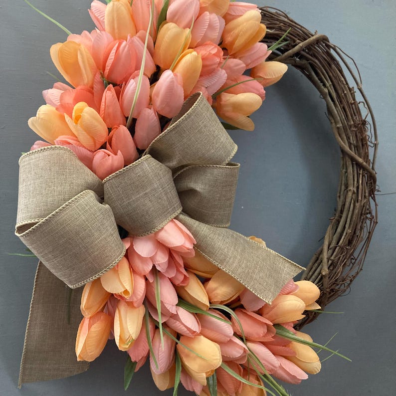 17 inch Spring Tulip Grapevine Wreath, Pink Purple Orange Tulips, Purple Blue, Pink Cream Tulips, Wreath with Tan Bow, Housewarming Gift image 15