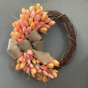 17 inch Spring Tulip Grapevine Wreath, Pink Purple Orange Tulips, Purple Blue, Pink Cream Tulips, Wreath with Tan Bow, Housewarming Gift Coral & Peach