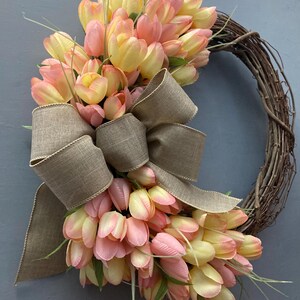 17 inch Spring Tulip Grapevine Wreath, Pink Purple Orange Tulips, Purple Blue, Pink Cream Tulips, Wreath with Tan Bow, Housewarming Gift image 17