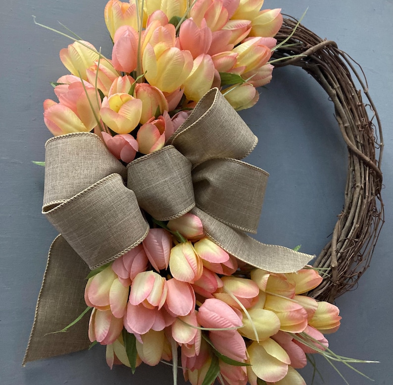 17 inch Spring Tulip Grapevine Wreath, Pink Purple Orange Tulips, Purple Blue, Pink Cream Tulips, Wreath with Tan Bow, Housewarming Gift image 17