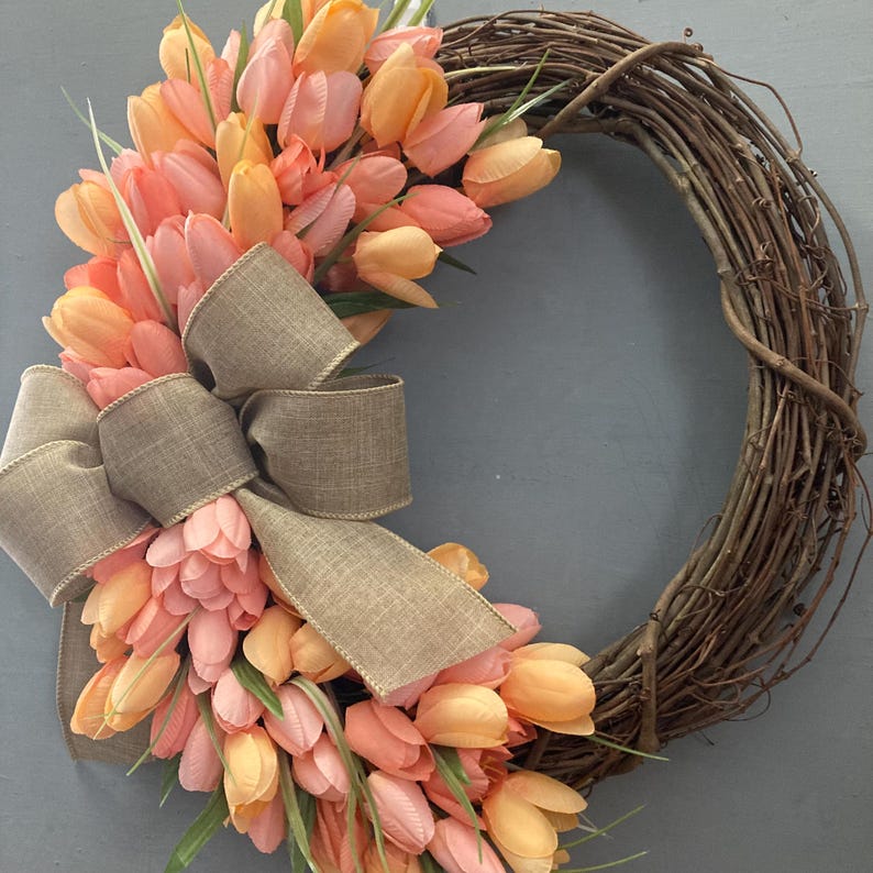 17 inch Spring Tulip Grapevine Wreath, Pink Purple Orange Tulips, Purple Blue, Pink Cream Tulips, Wreath with Tan Bow, Housewarming Gift image 16