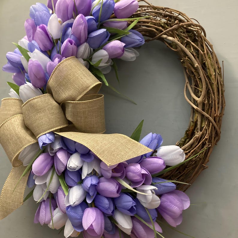 17 inch Spring Tulip Grapevine Wreath, Pink Purple Orange Tulips, Purple Blue, Pink Cream Tulips, Wreath with Tan Bow, Housewarming Gift image 12