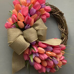 17 inch Spring Tulip Grapevine Wreath, Pink Purple Orange Tulips, Purple Blue, Pink Cream Tulips, Wreath with Tan Bow, Housewarming Gift image 8