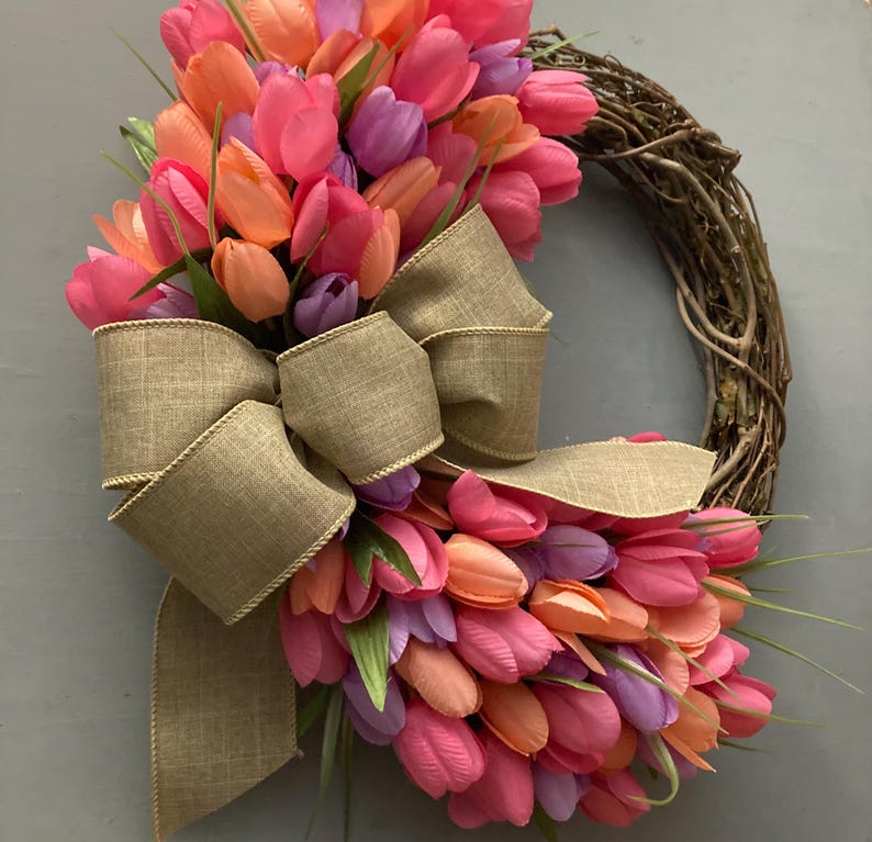 17 inch Spring Tulip Grapevine Wreath, Pink Purple Orange Tulips, Purple Blue, Pink Cream Tulips, Wreath with Tan Bow, Housewarming Gift image 8
