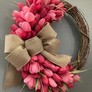 17 inch Spring Tulip Grapevine Wreath, Pink Purple Orange Tulips, Purple Blue, Pink Cream Tulips, Wreath with Tan Bow, Housewarming Gift image 13