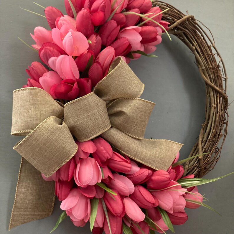 17 inch Spring Tulip Grapevine Wreath, Pink Purple Orange Tulips, Purple Blue, Pink Cream Tulips, Wreath with Tan Bow, Housewarming Gift image 13