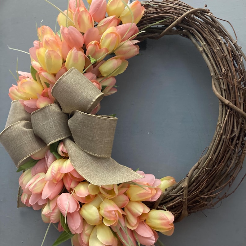 17 inch Spring Tulip Grapevine Wreath, Pink Purple Orange Tulips, Purple Blue, Pink Cream Tulips, Wreath with Tan Bow, Housewarming Gift image 18