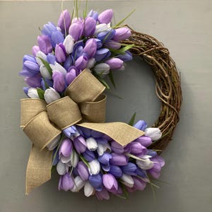17 inch Spring Tulip Grapevine Wreath, Pink Purple Orange Tulips, Purple Blue, Pink Cream Tulips, Wreath with Tan Bow, Housewarming Gift Purple & Blue