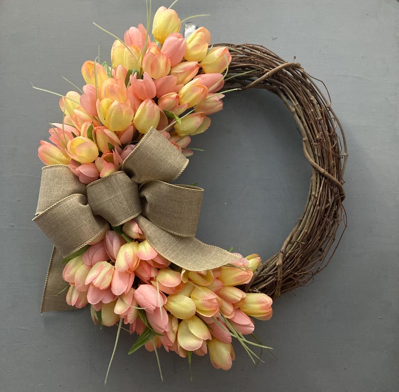 17 inch Spring Tulip Grapevine Wreath, Pink Purple Orange Tulips, Purple Blue, Pink Cream Tulips, Wreath with Tan Bow, Housewarming Gift Yellow & Peach